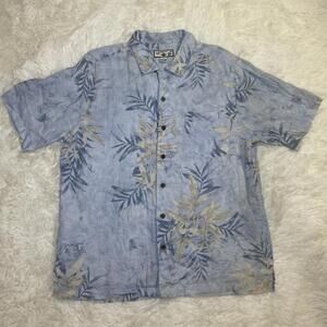 Caribbean Joe Hawaiian Linen Button Up Shirt Men Size L Blue Floral Print